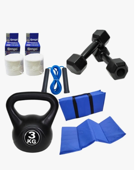 Combo Box Kit-BOLSA DE BOX 120 -GUANTE BOX -HANGRIP -COLCHONETA PLEGLABLE -SOGA DE PVC -MANCUERNA PAR DE 1K -SOPORTE DE PARED -VENDAS 5CM PAR BLANCAS -PESA RUSA 3K