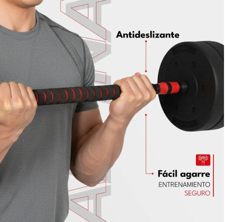 Kit Mancuernas Y Barra Tope A Rosca 25 Kg Discos Pvc Alpina Negro/rojo